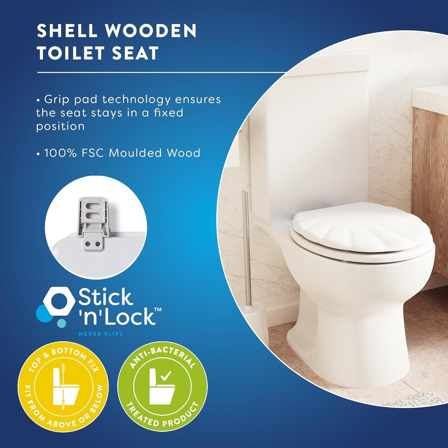 Shell White Wooden Toilet Seat Gloss Antibacterial Stick ‘N’ Lock Hinges