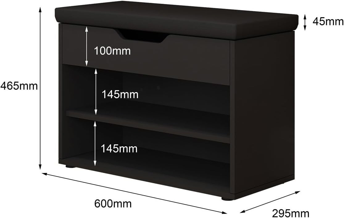 Black Shoe Storage Bench with Cushion 2-Tier Slim Shoe Rack 60×30×47cm