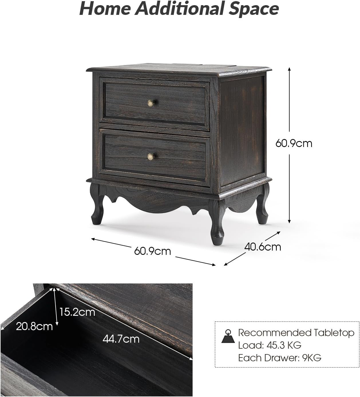 Charcoal Wood 2 Drawer Nightstand – French Country Bedside Table