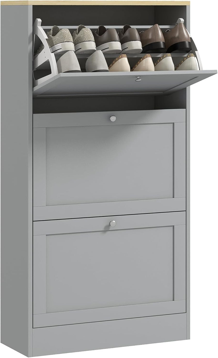 Slim Grey Shoe Cabinet 3 Flip Drawers Adjustable Shelves Space Saver