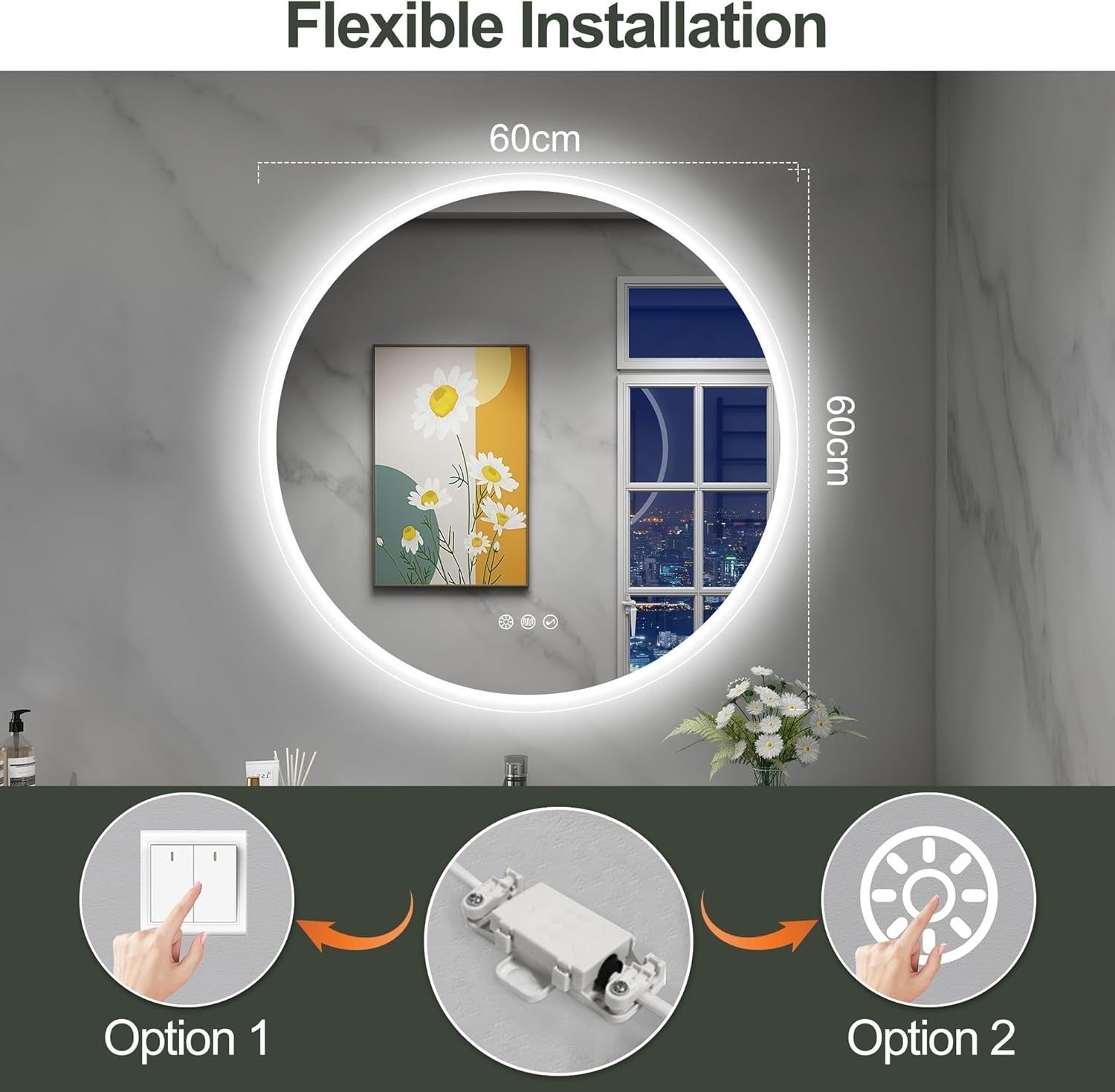 LED Bathroom Mirror 60x60cm Bluetooth Anti-Fog Dimmable Touch