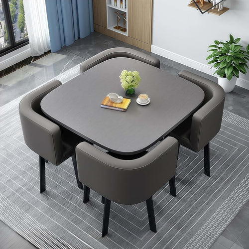 Modern Round Dining Table Set Grey Chairs, Space Saving Faux Leather Seating