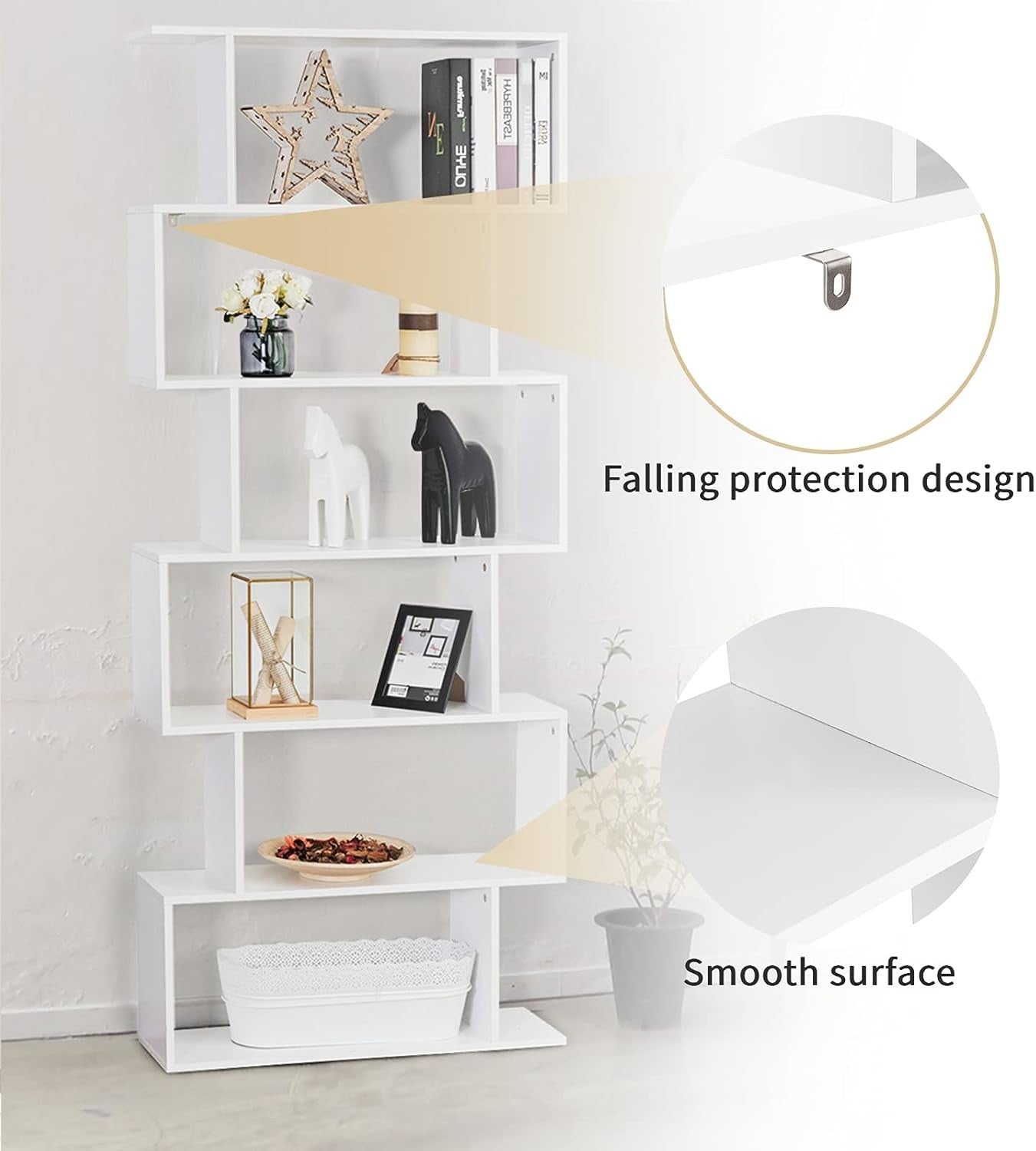 S Shaped 6 Tier Wooden Bookcase Freestanding Display Storage Shelf White