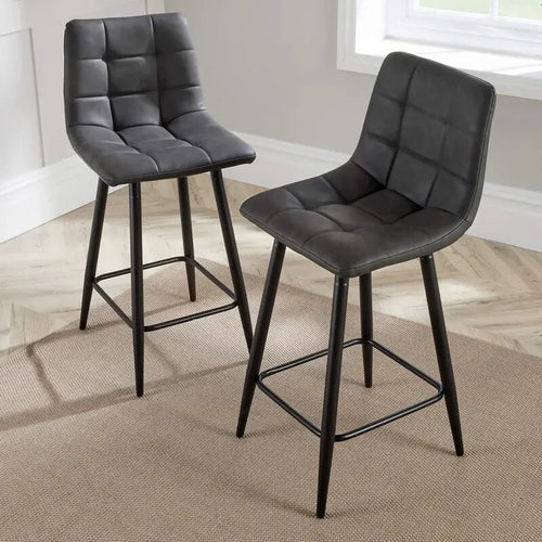 2 Grey Bar Stools Padded Seat Kitchen Breakfast Chairs w/ Black Legs