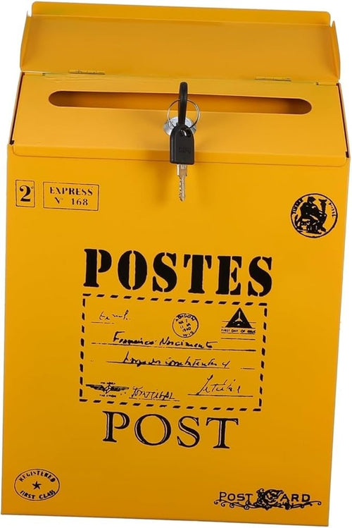 Lockable Vintage Wall Mounted Mailbox Iron Post Box Yellow Secure Outdoor