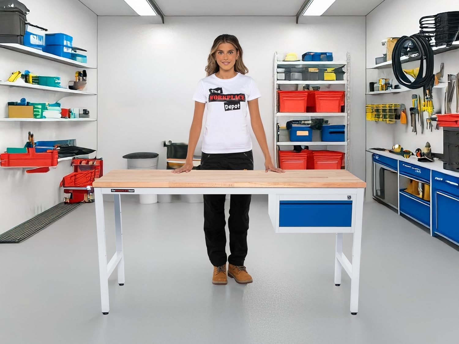 Heavy Duty Metal Workbench 2-Drawer Unit 150kg Steel Frame 30mm Wood Top 1600mm