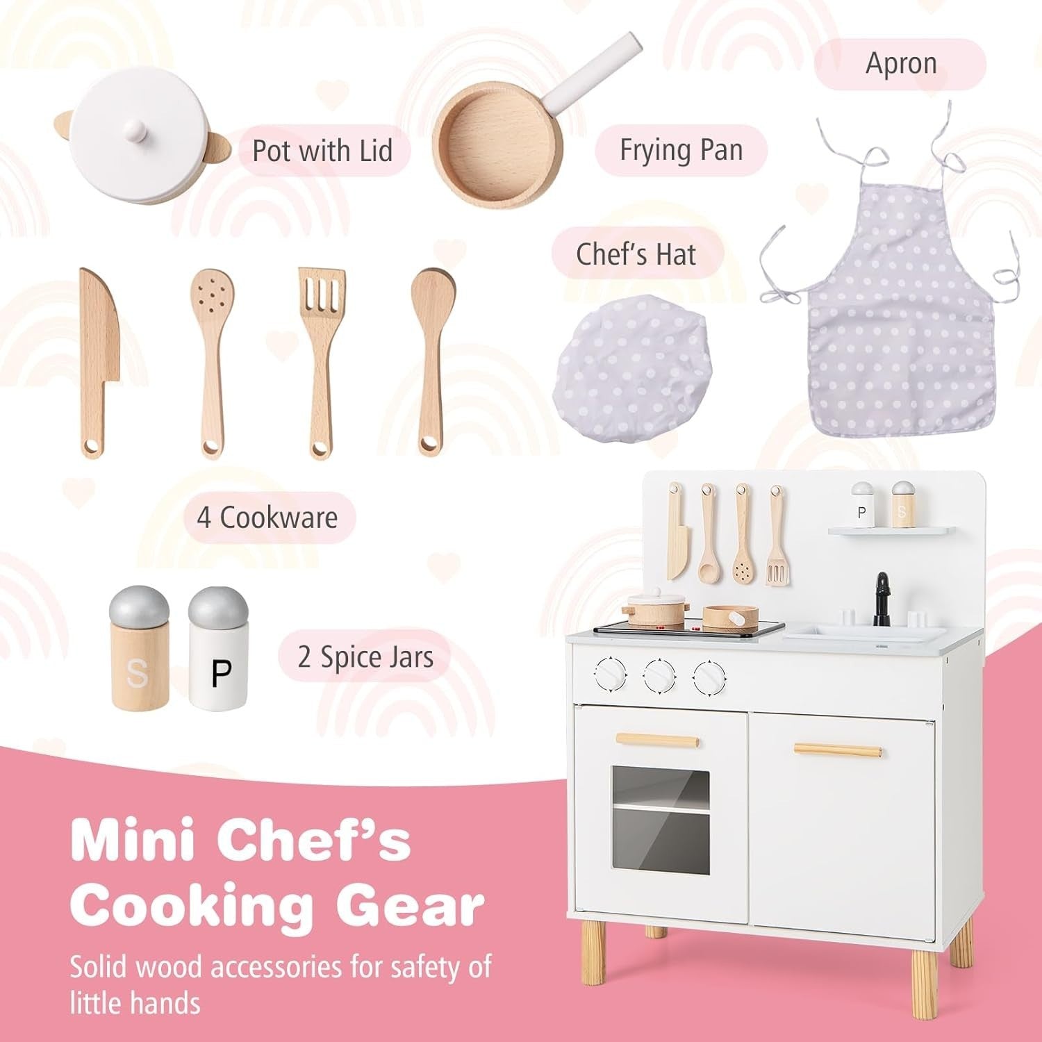 Wooden Kids Play Kitchen White Lights Sounds Oven Chef Toy Set