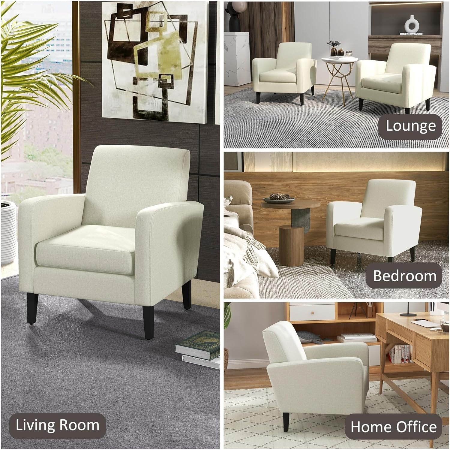 Cream Linen Accent Armchair with Cushioned Back & Eucalyptus Wood Legs
