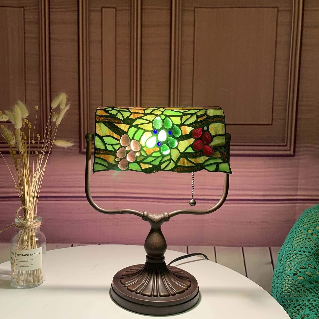 Vintage Tiffany Style Stained Glass Banker Desk Lamp 14" for Reading