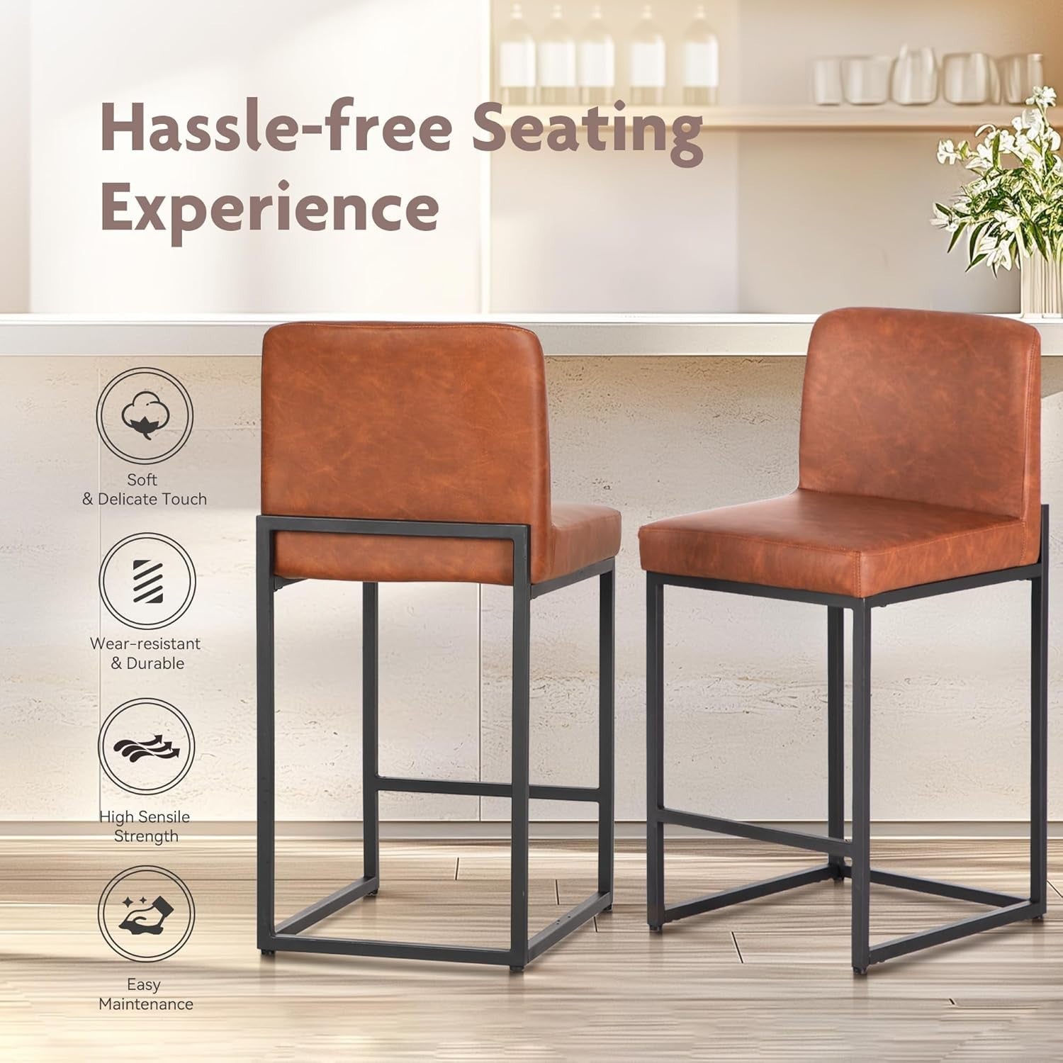 Oversized PU Leather Bar Stools Set of 2 – Comfortable Kitchen & Counter Chairs