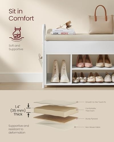 White Shoe Storage Bench with Cushion & Hidden Compartment – Modern Hall Seat