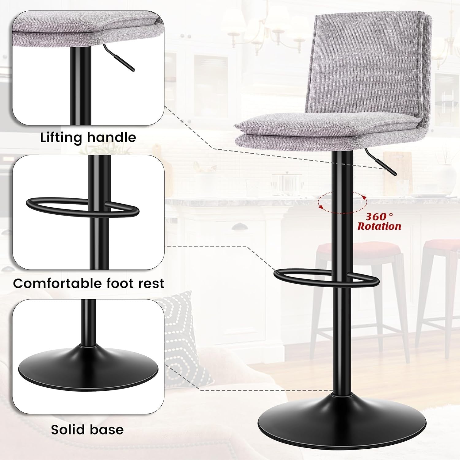 Adjustable Grey Linen Bar Stools for kitchen Set of 2 Swivel Kitchen Counter