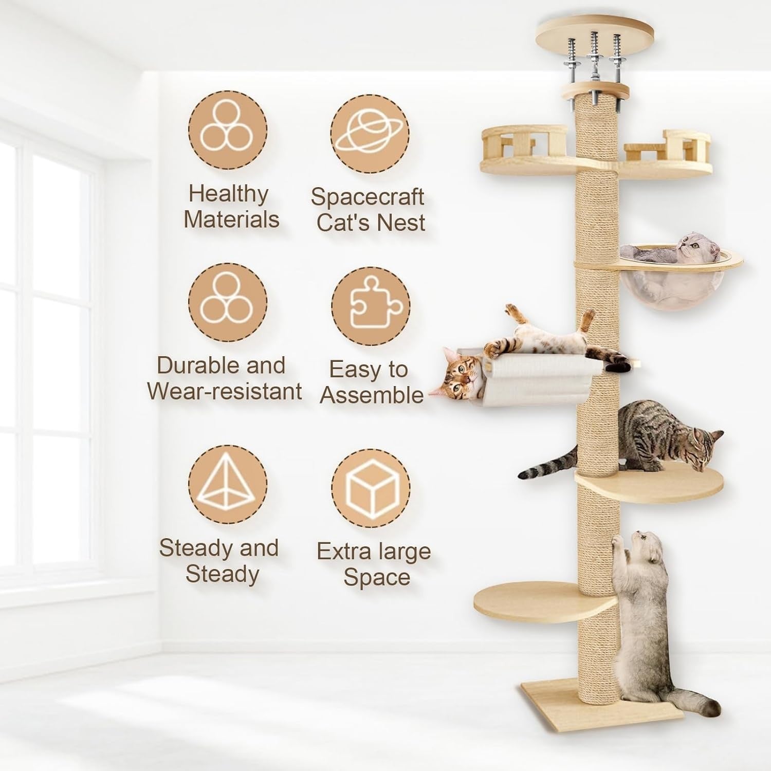 Floor to Ceiling Cat Tree 120in Adjustable Tall Scratching Tower Beige