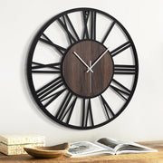 20" Large Wall Clock Dark Wood & Metal Silent Roman Numerals Modern Decor