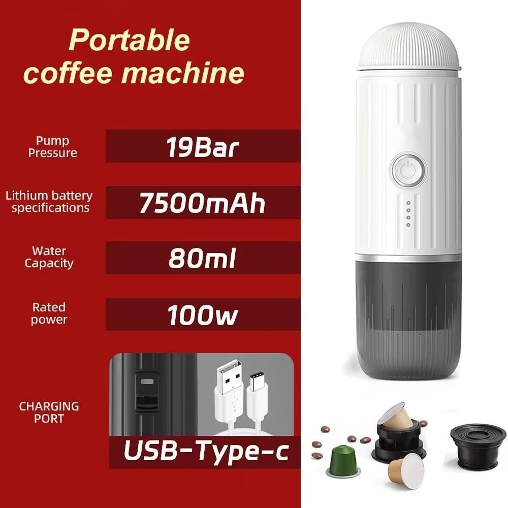 Portable 12V Espresso Maker Travel Coffee Machine 19Bar Self-Heating White Color