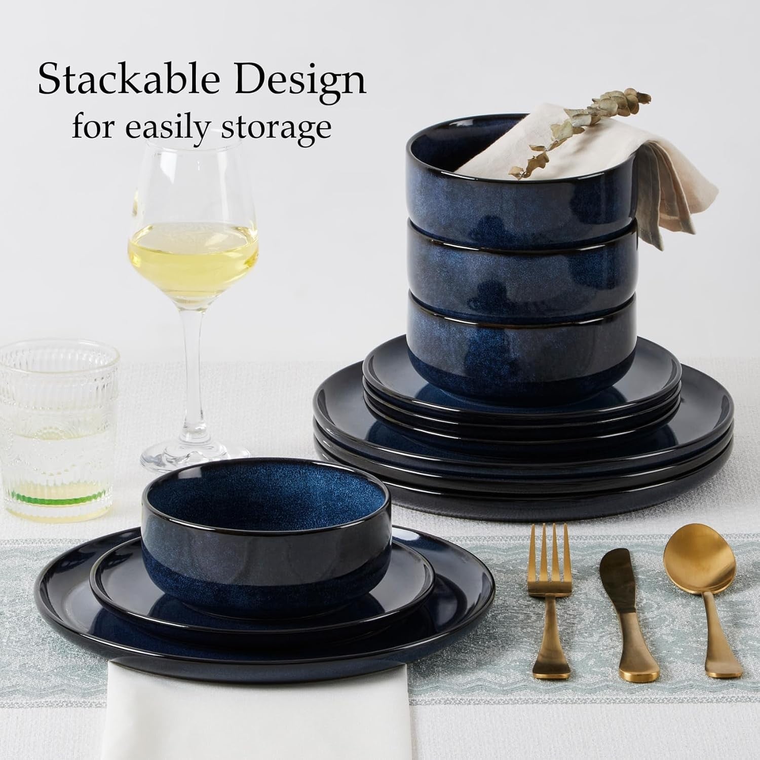 12pc Stoneware Dinner Set Midnight Blue Plates Bowls Reactive Glaze
