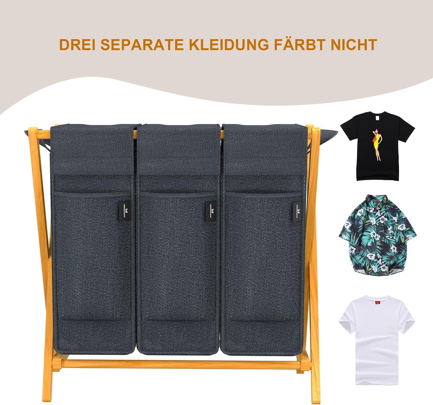 3 Compartment Bamboo Laundry Hamper 150L Foldable Sorting Basket Grey