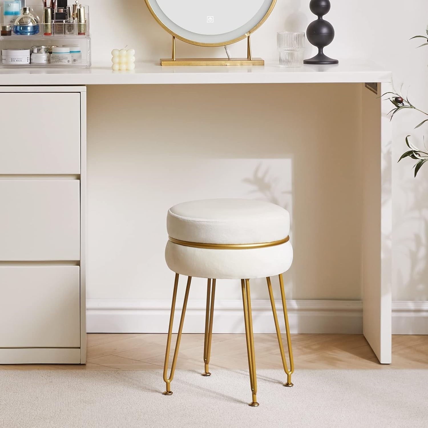 Cream Velvet Round Footstool with Gold Legs – Modern Vanity Stool Seat