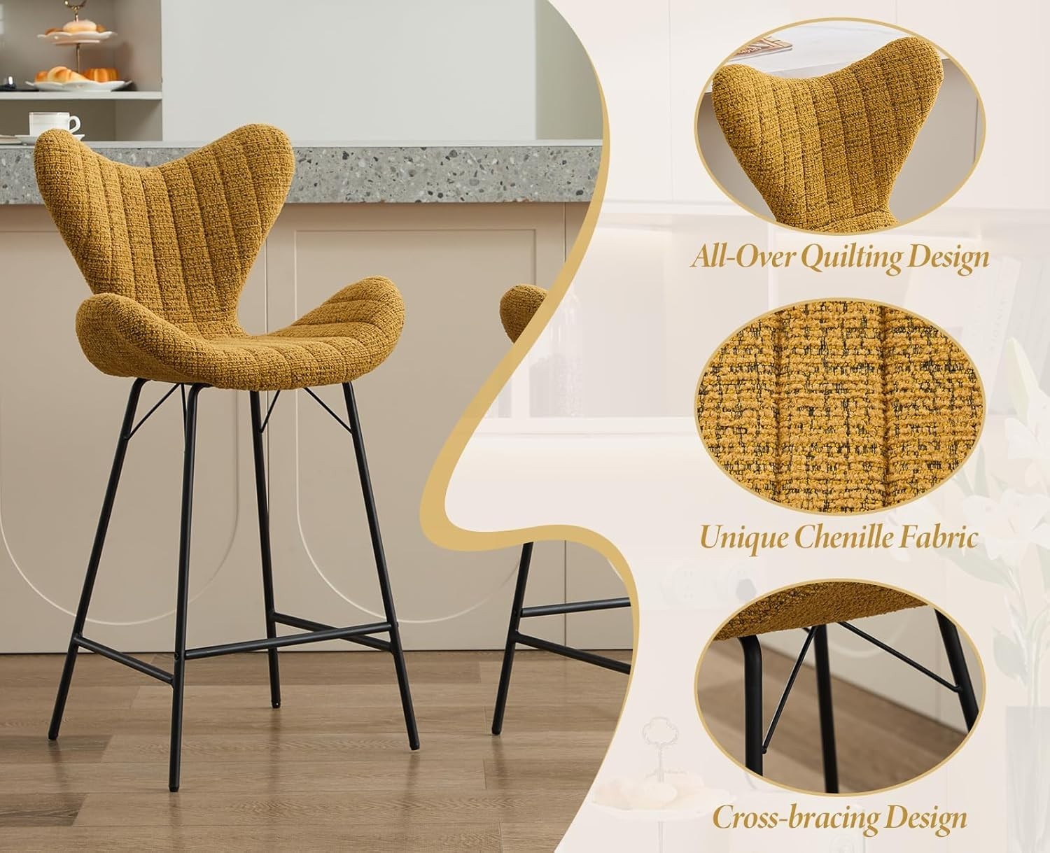 Yellow Chenille Wingback Bar Stools Set of 2 – Metal Legs