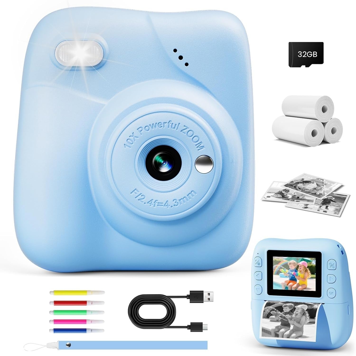 Kids Instant Print Camera 48MP 1080P Video 32GB Card Blue Toy Gift