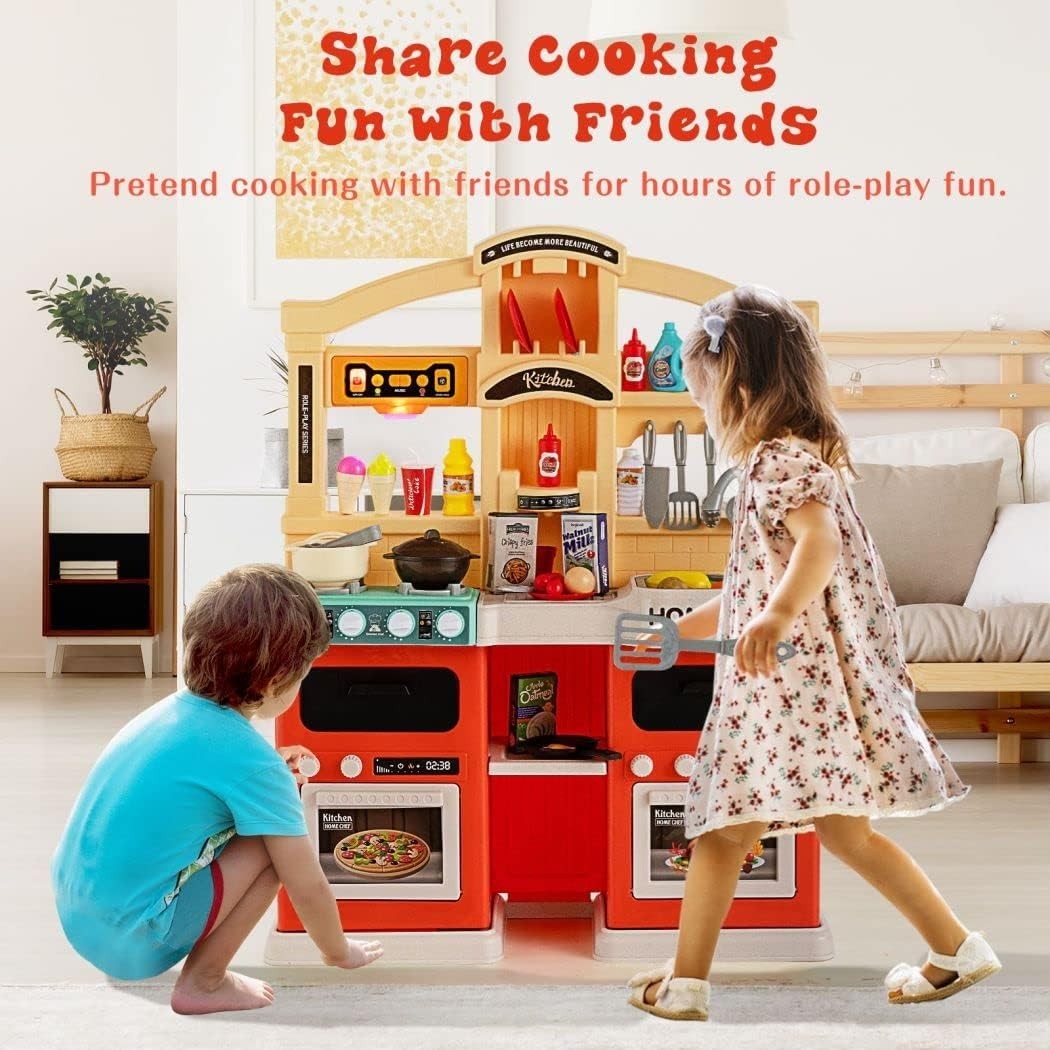 Kids Kitchen Playset w/ 69PCS Lights Sounds Steam Orange Toy