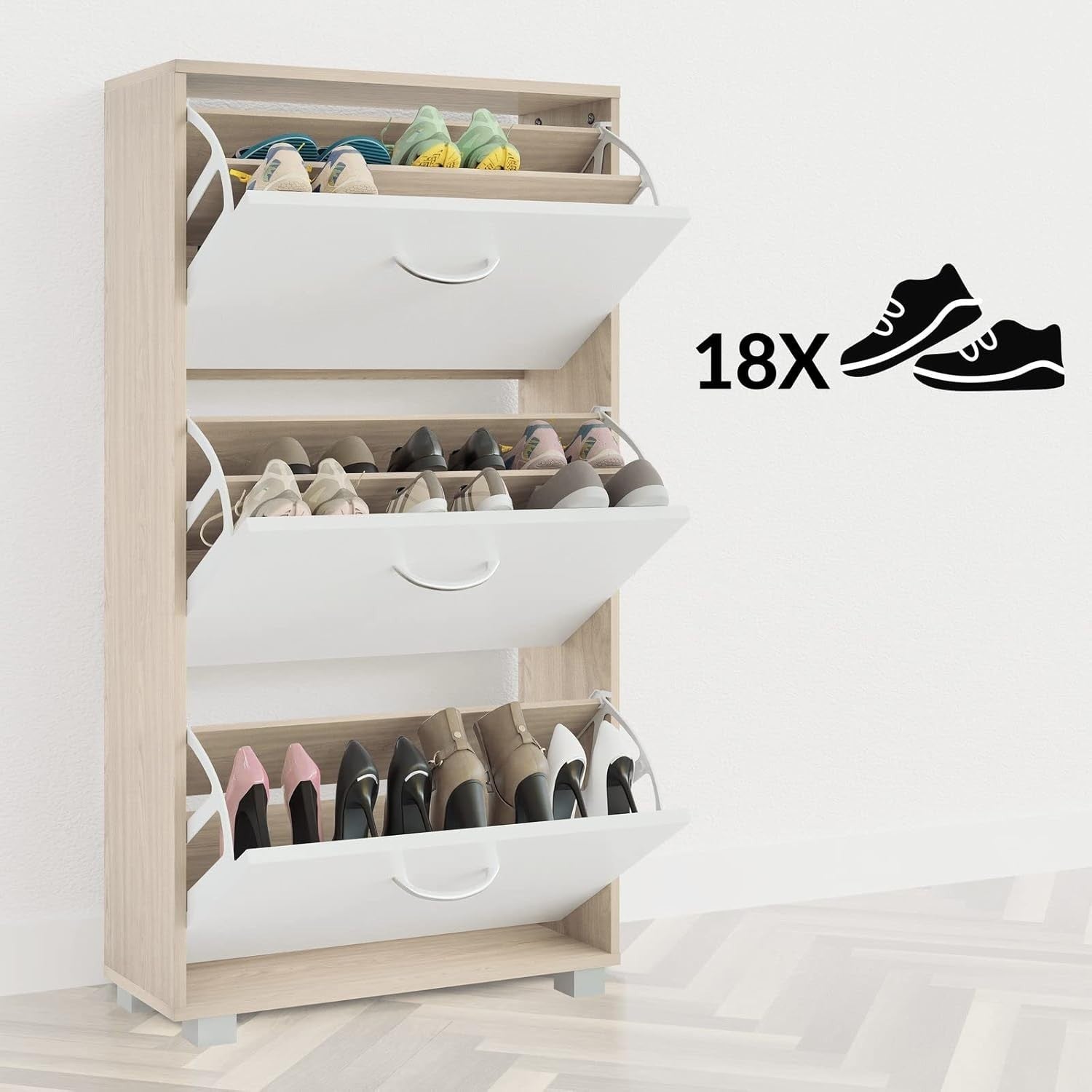 Modern 3 Door Shoe Cabinet Cupboard | Slim Hallway Storage Rack | 115x60x24cm
