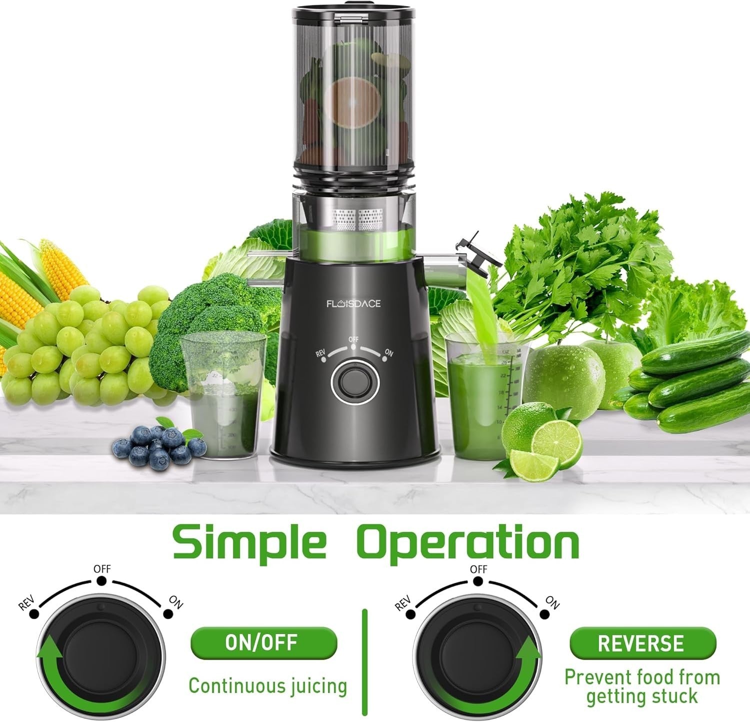 Black Cold Press Juicer 5in Feed Chute Whole Fruit High Torque Easy Clean