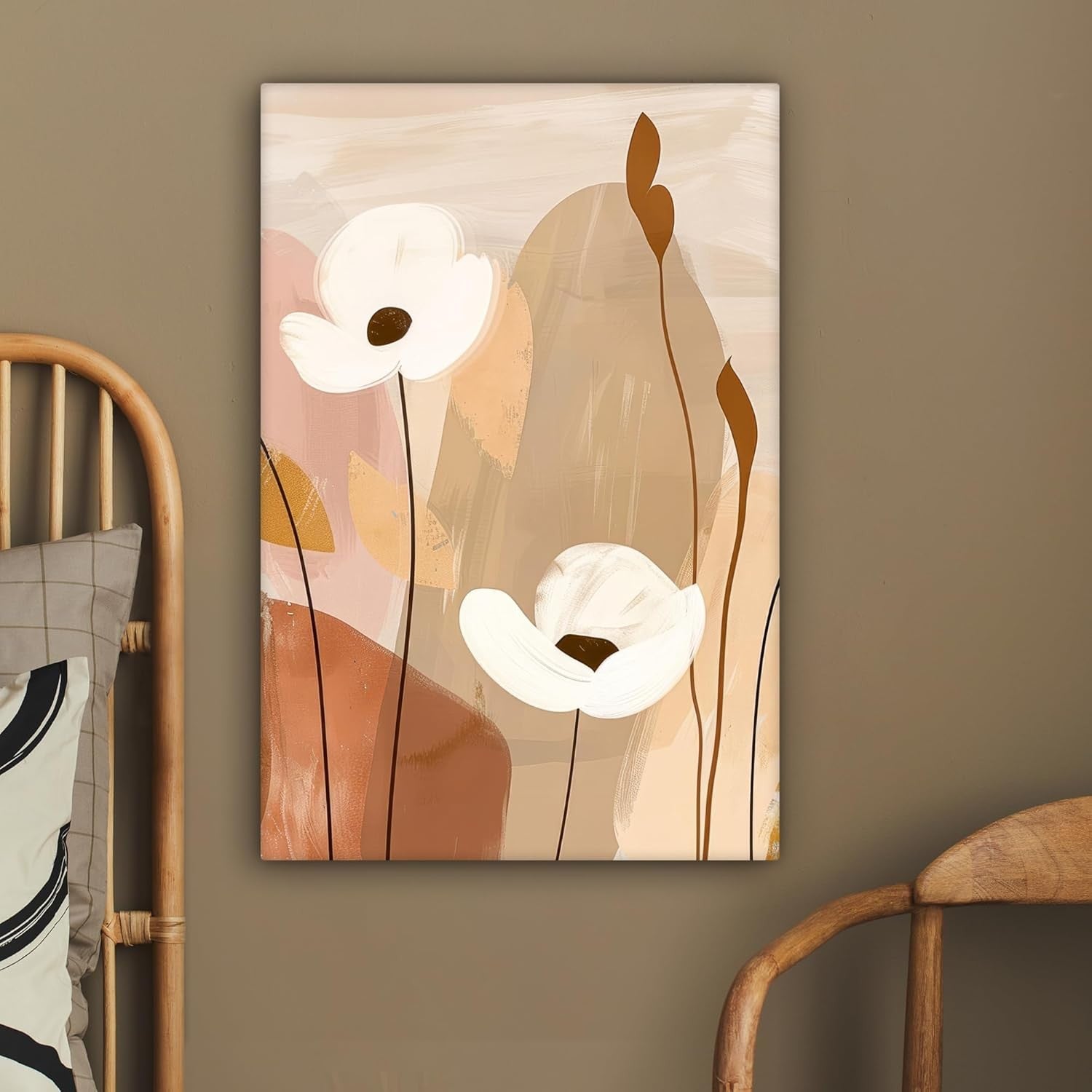 Abstract Floral Canvas Wall Art 40x60cm Framed Modern Beige