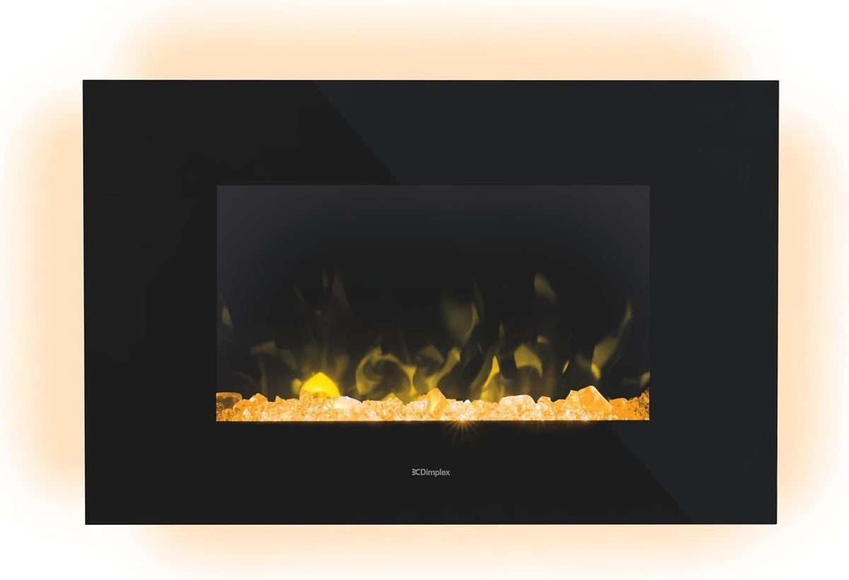 Wall Mounted LED Electric Fireplace Black Glass 2kW Heater Bluetooth