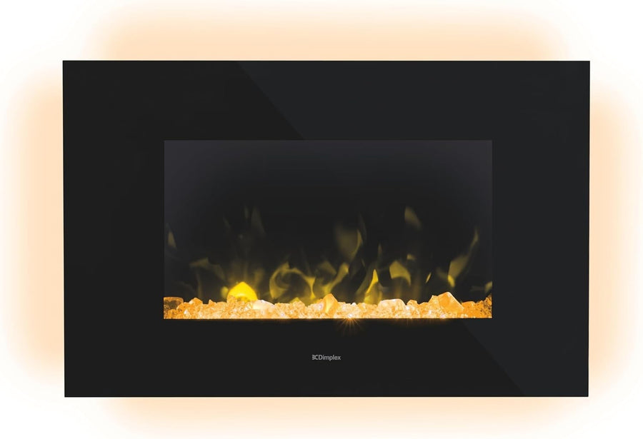 Wall Mounted LED Electric Fireplace Black Glass 2kW Heater Bluetooth