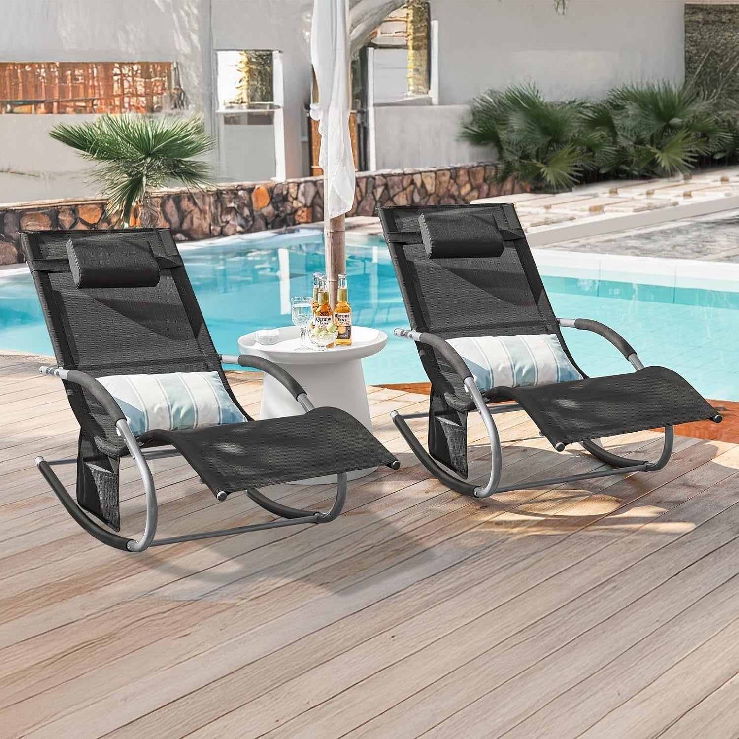 Outdoor Reclining Sun Lounger Chair with Cushioned Headrest & Side Pocket  Black