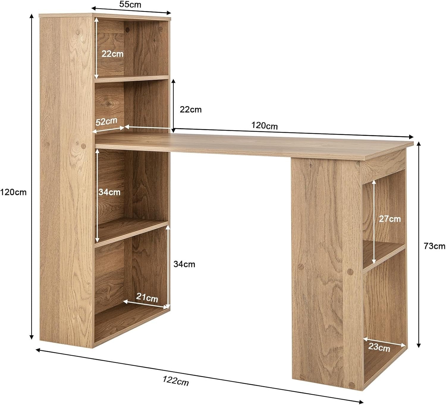 Modern Wooden Computer Desk with 6-Tier Shelves & Spacious Workstation