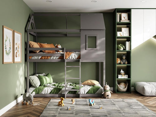 Grey Wooden Treehouse Bunk Bed Single Kids Safe Loft Bed w/ Storage