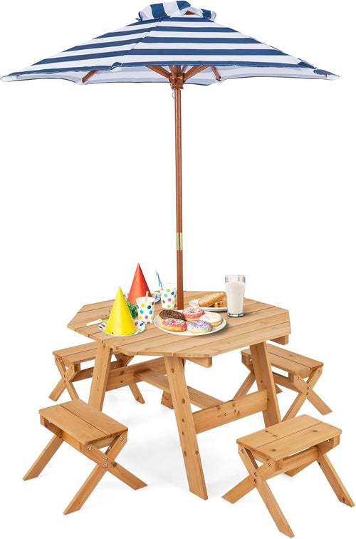 Kids Outdoor Wooden Picnic Table Set w/ Benches & Parasol | 4 Seater