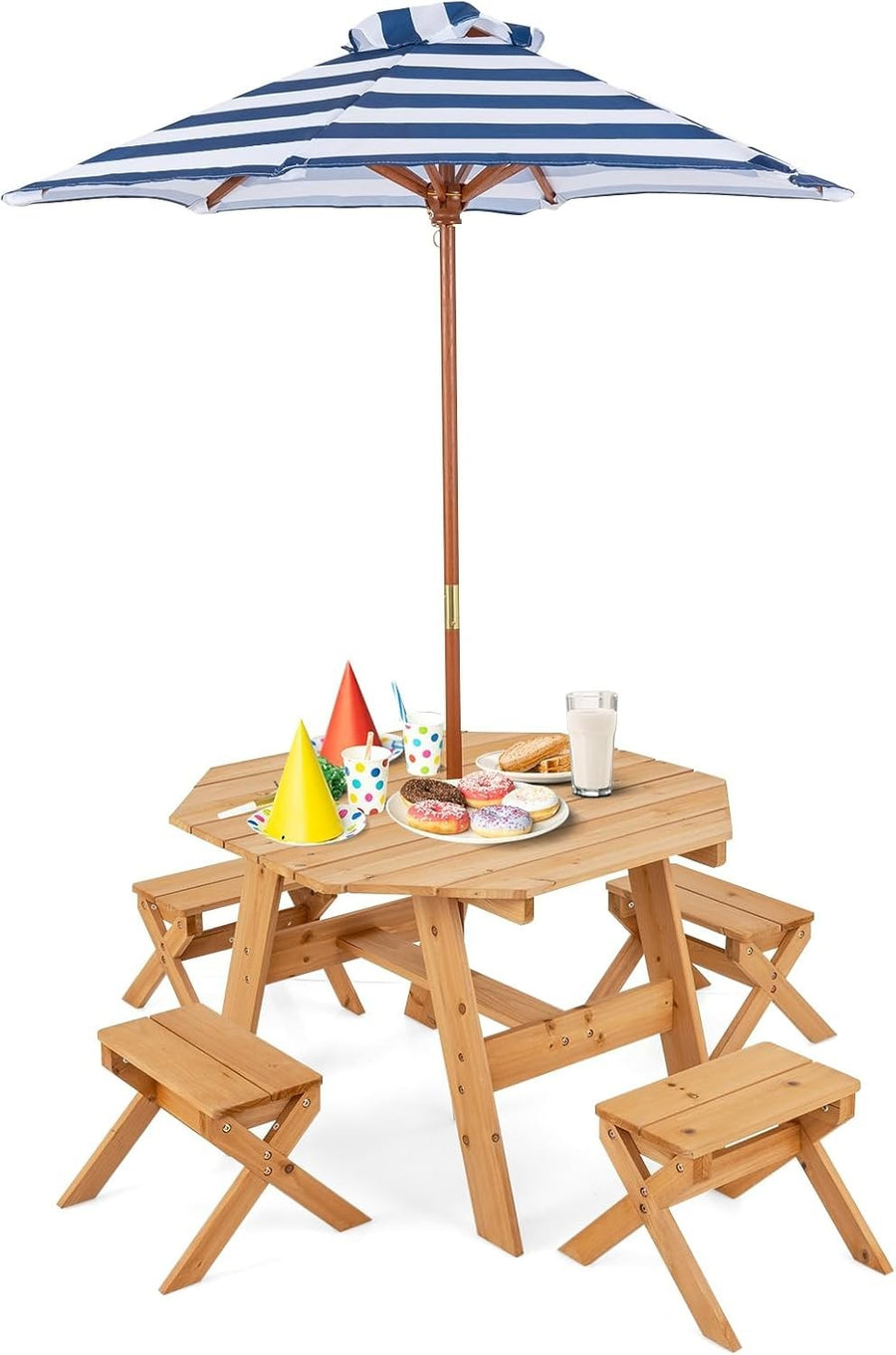 Kids Outdoor Wooden Picnic Table Set w/ Benches & Parasol | 4 Seater