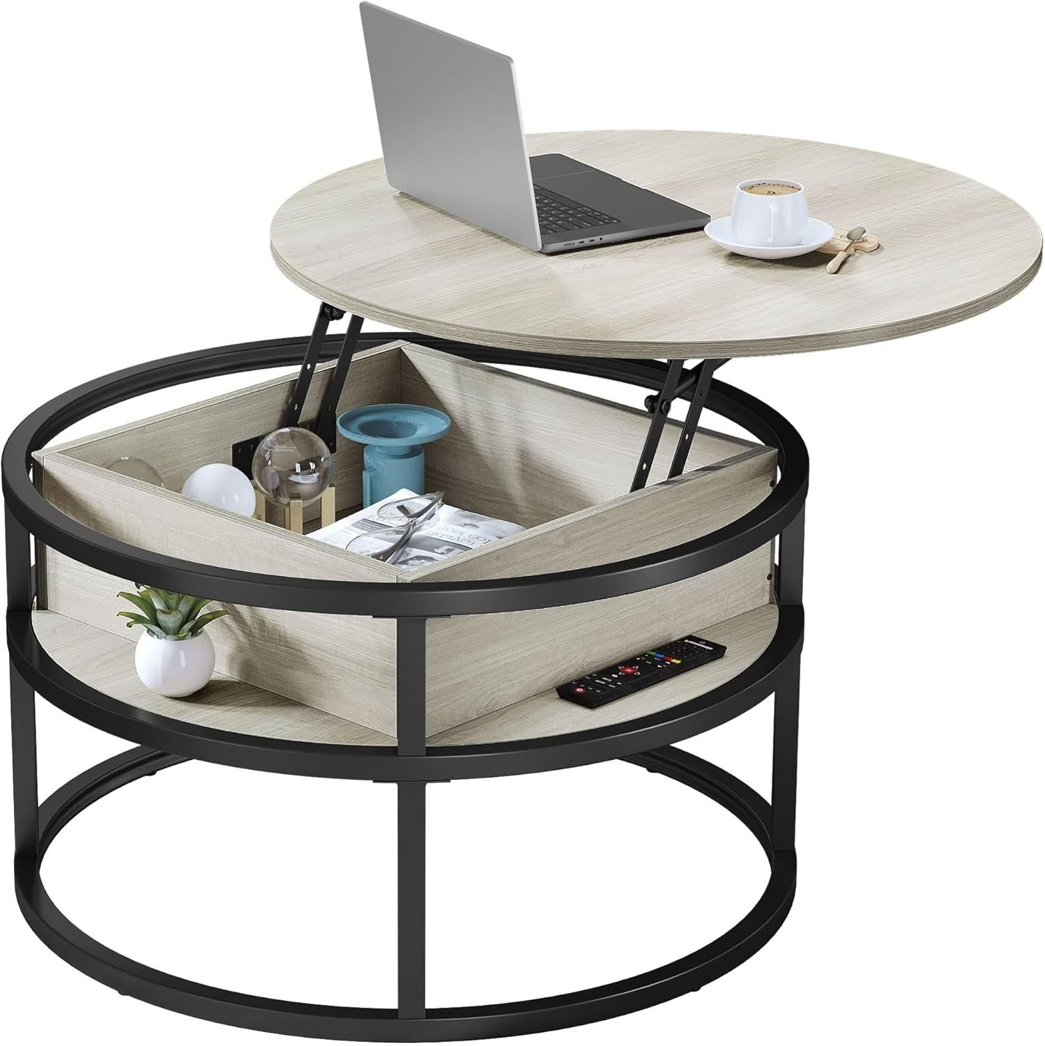 Lift Top Round Coffee Table White Oak 80x80x47cm with Hidden Storage