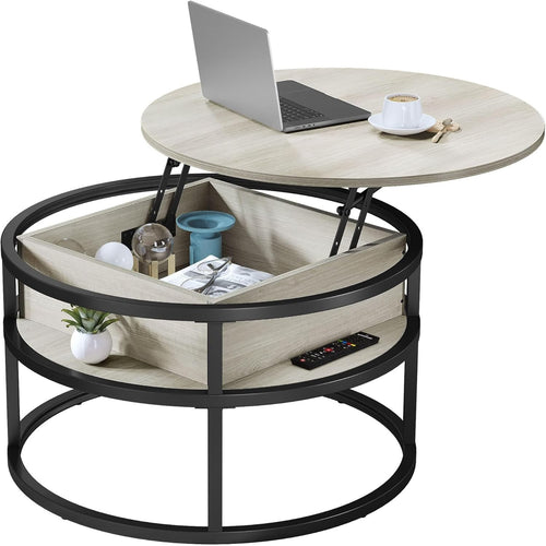 Lift Top Round Coffee Table White Oak 80x80x47cm with Hidden Storage