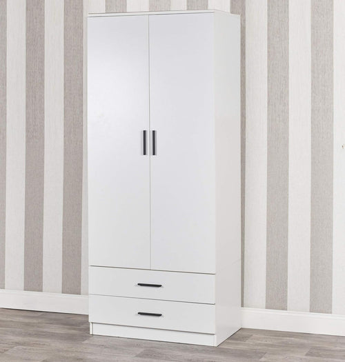 2 Door Wardrobe White Drawers Bedroom Storage Cabinet with Hanging Rail