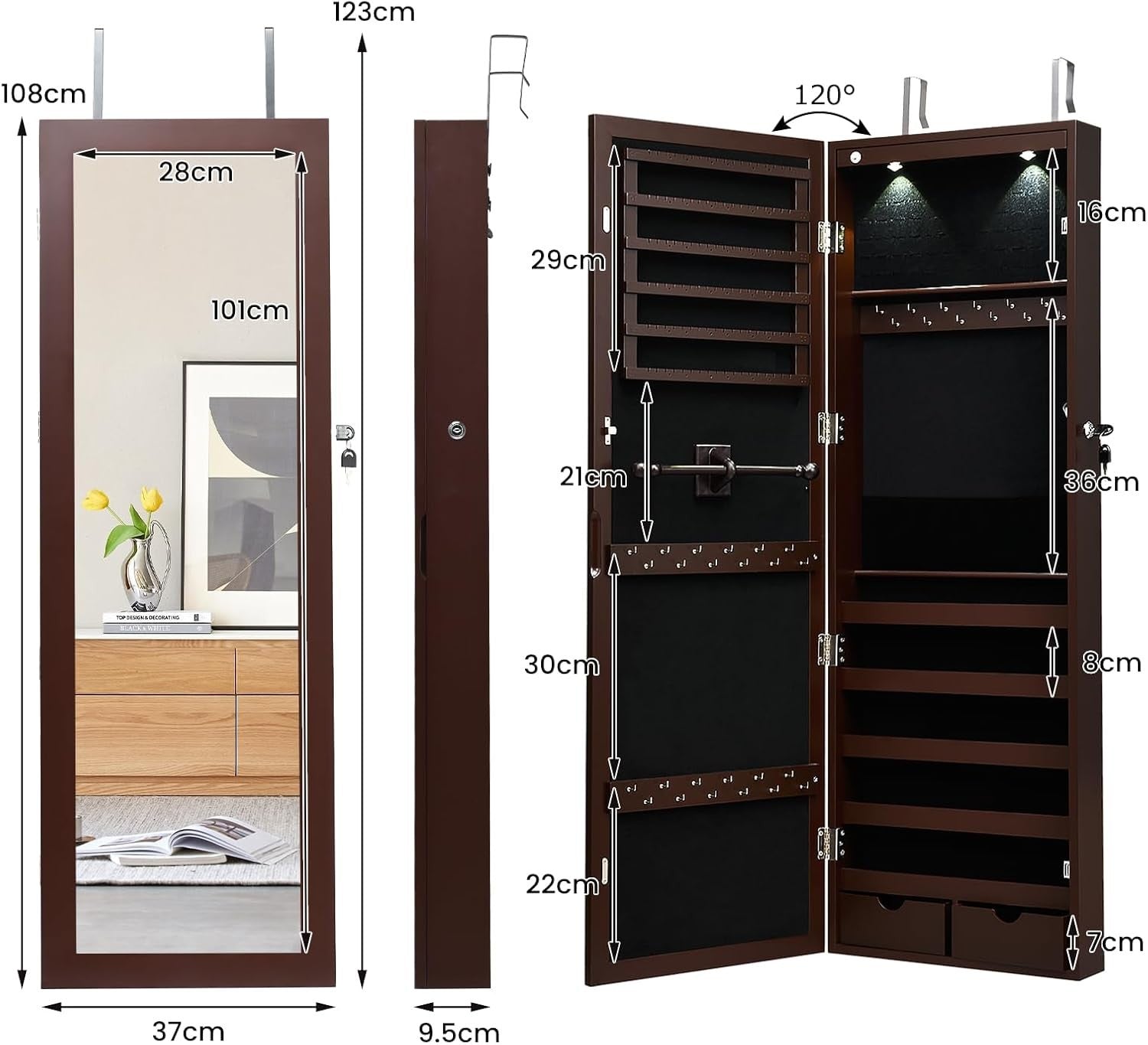 Wall Mounted Jewelry Cabinet LED Lighted Full Mirror Lockable Storage