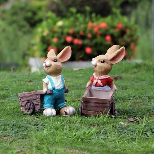 Blue Rabbit Garden Ornament with Wheelbarrow • Large Resin Outdoor Statue Decor