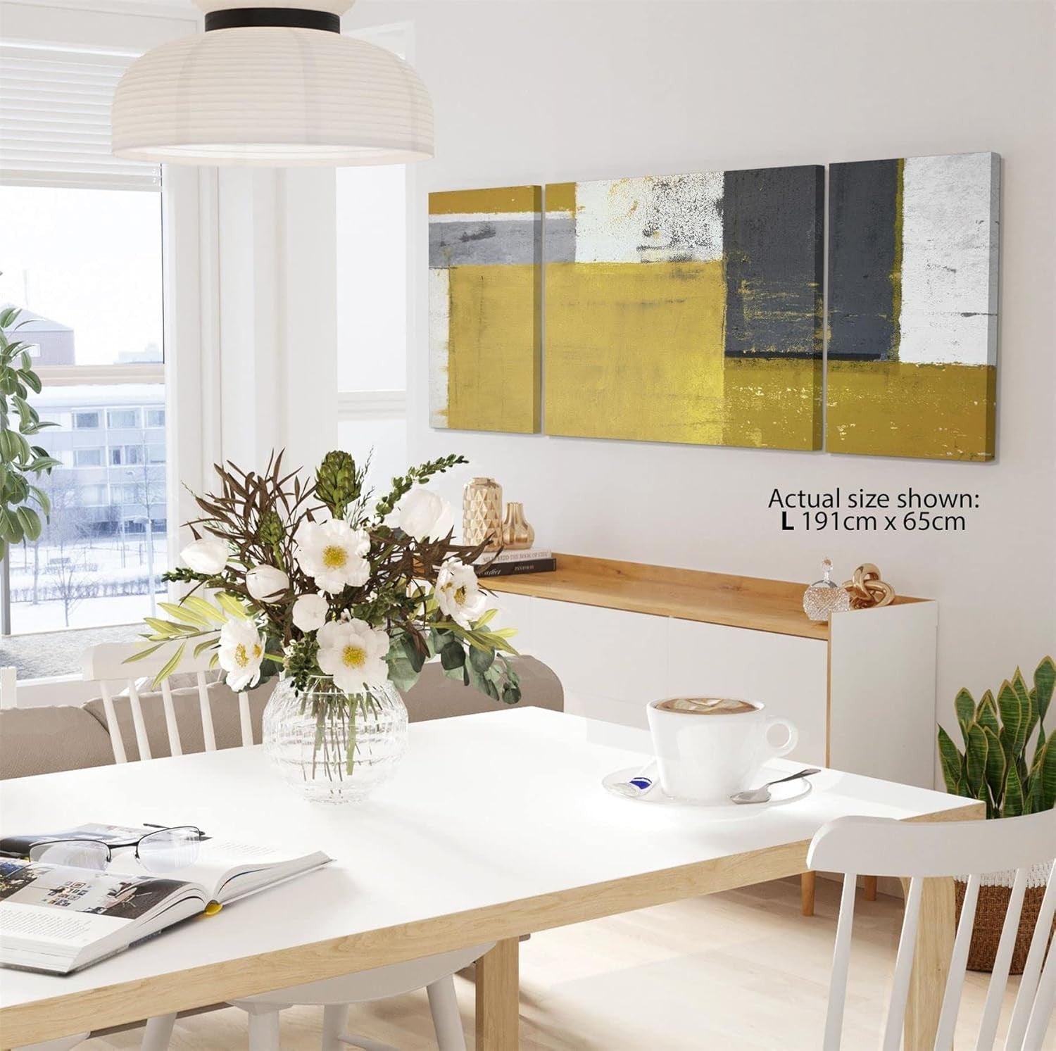 XXL Mustard Yellow Grey Abstract Canvas Wall Art 191x65cm