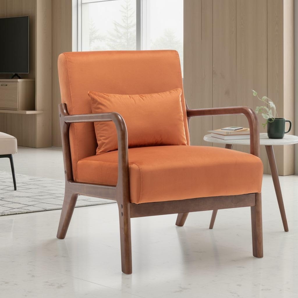 Luxury Orange Velvet Accent Chair w/ Lumbar Cushion – Small Armchair