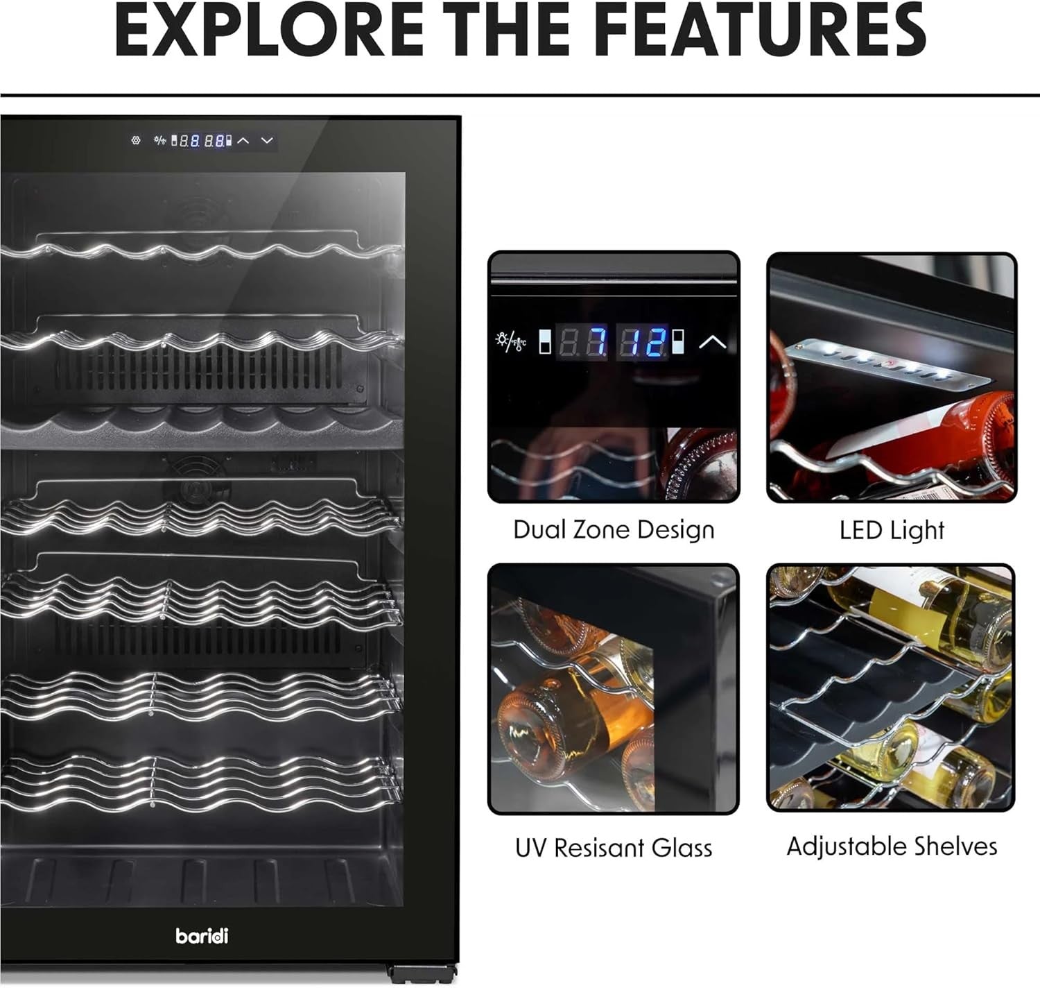 52 Bottle Dual Zone Wine Cooler Fridge Touch Screen LED Glass Door Black