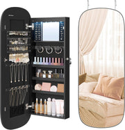 Black Rounded LED Mirror Jewelry Cabinet Lockable Wall Hanging Storage