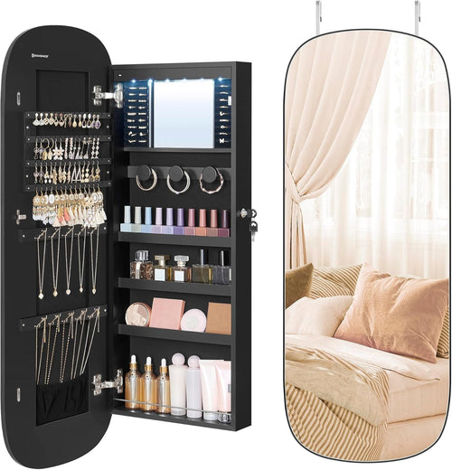 Black Rounded LED Mirror Jewelry Cabinet Lockable Wall Hanging Storage