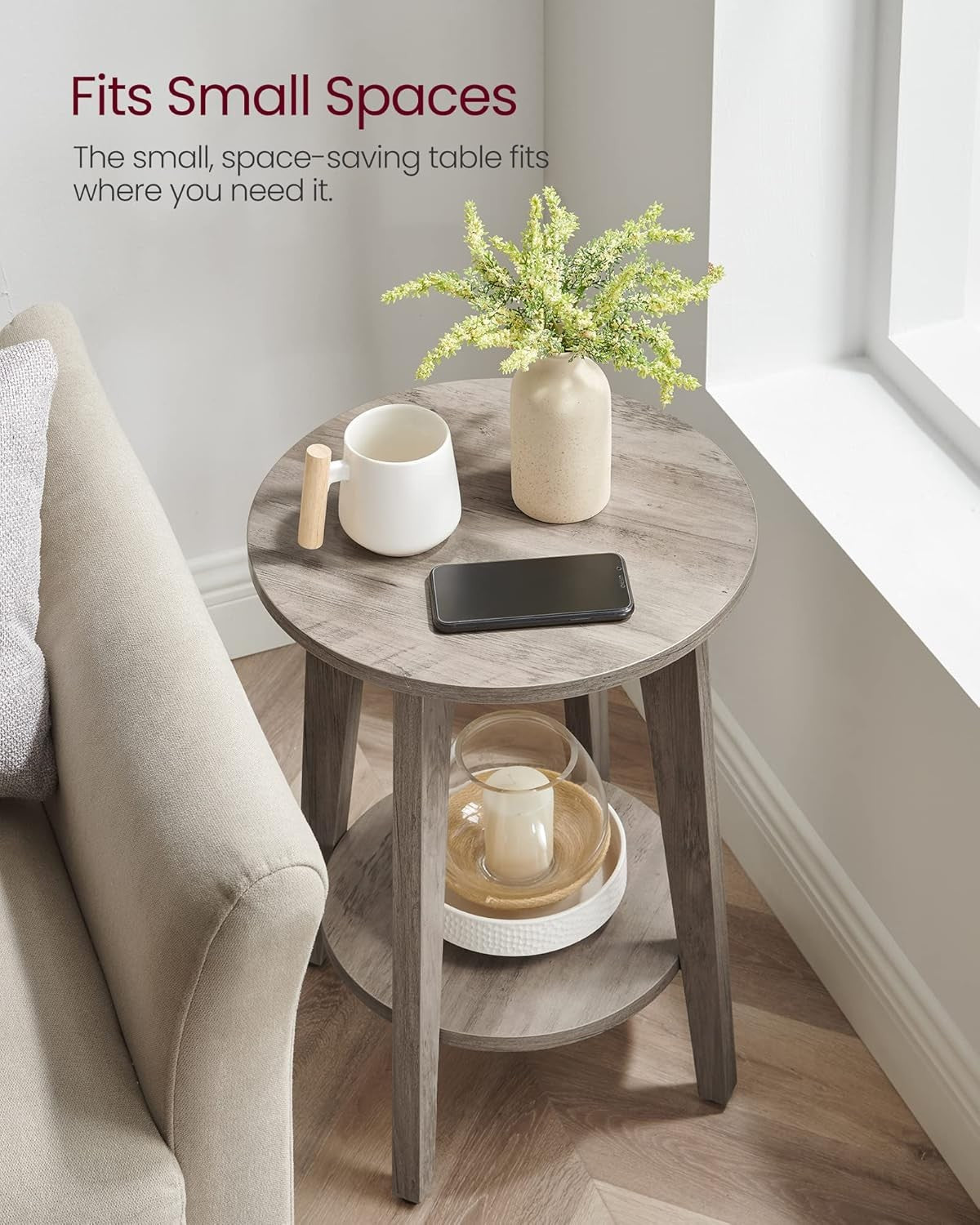 Small Round Side Table with Shelf, Space-Saving Bedside End Table, Wood Look
