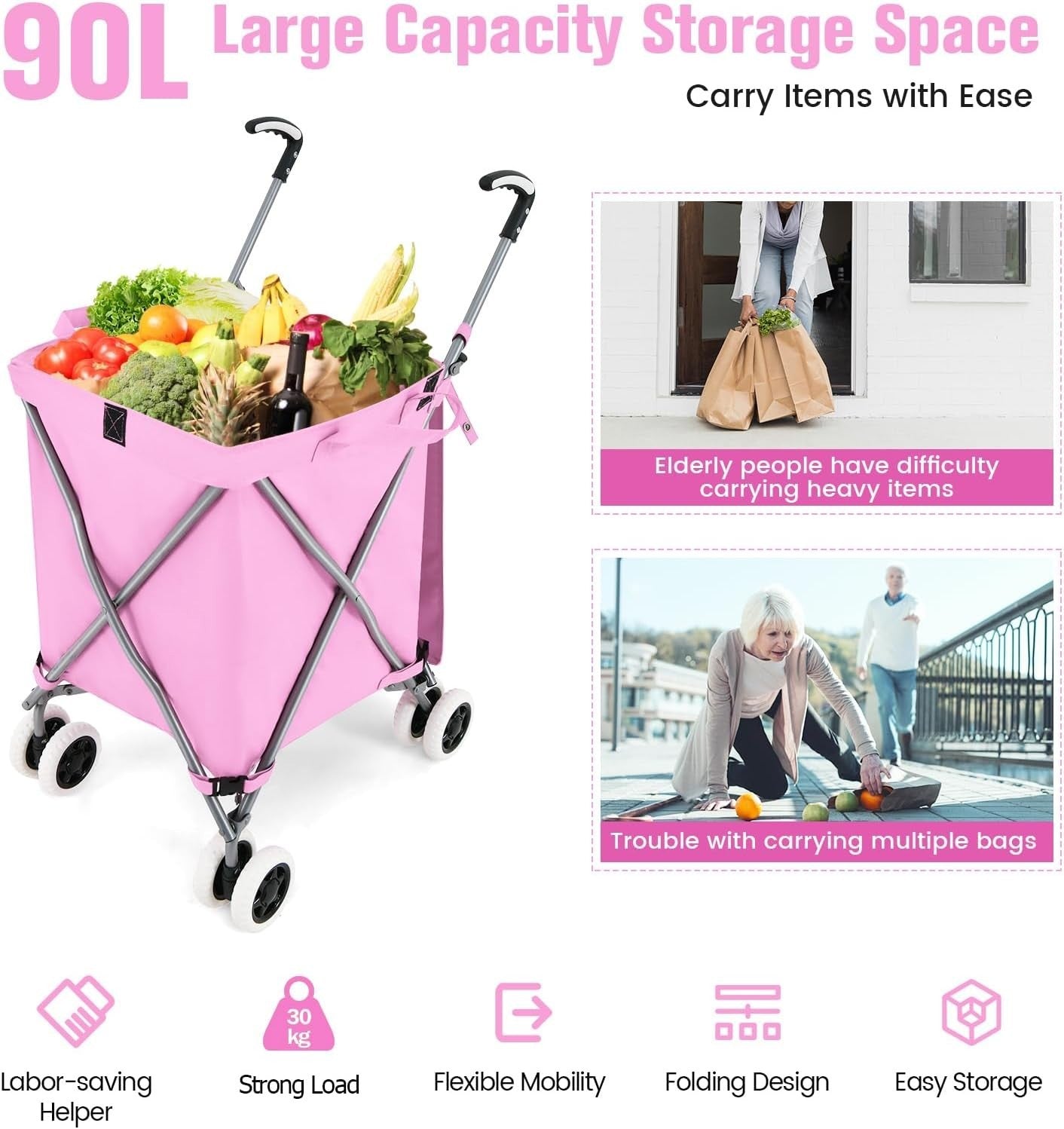 90L Folding Shopping Trolley 8 Wheels Large Waterproof Cart Portable Grocery
