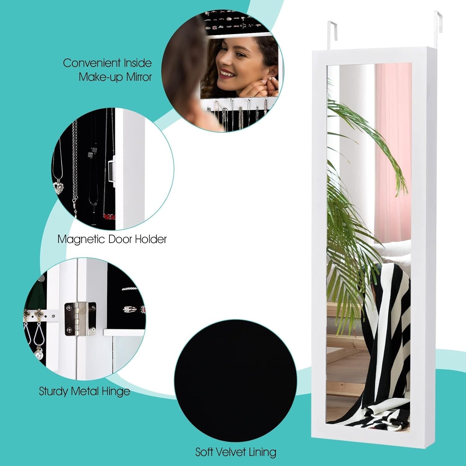 Wall Mounted Jewelry Cabinet Full Length Mirror Hanging Organizer White