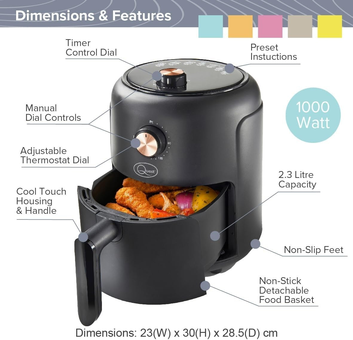 Small Air Fryer 2.3L | Compact 1–2 Person Cooker, Non-Stick, Timer
