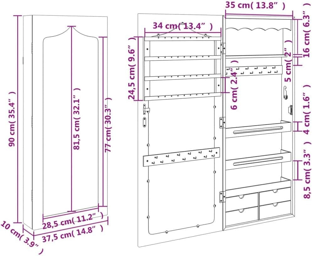Slim Wall Mounted Jewelry Cabinet Mirror Lockable Space Saving Armoire